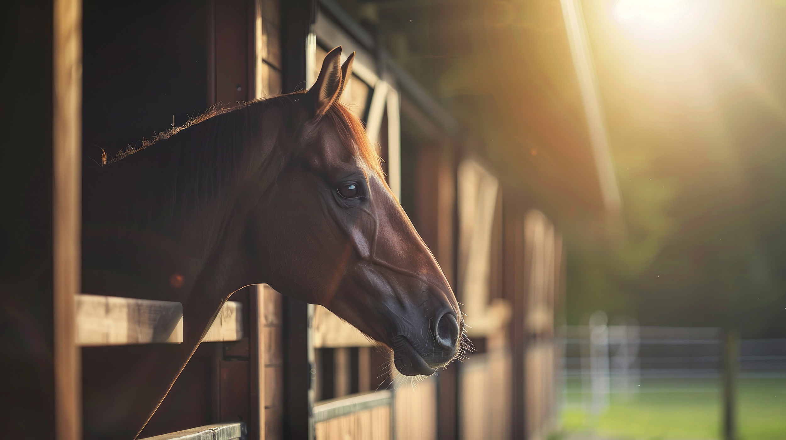 Brown horse in a stable during sunset. Concepts of animal companionship, equine beauty, farm life, serene moments. Copy space